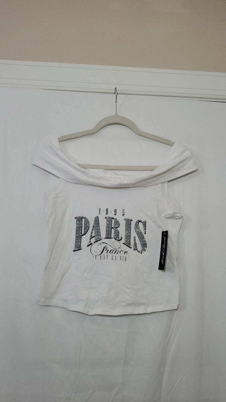 Derek Heart White Paris France Graphic Off-The-Shoulder Top Size L